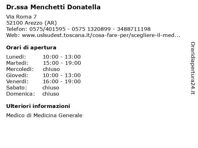 Orari di apertura Dr.ssa Menchetti Donatella Via Roma